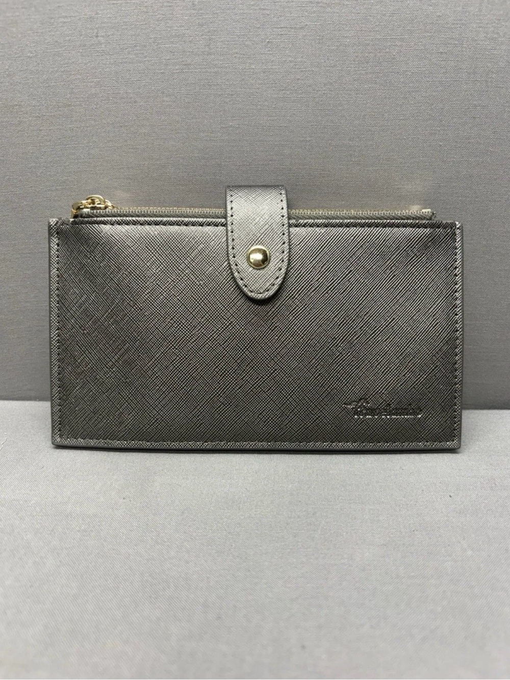 Travelambo Metallic Pewter Leather Snap Wallet with Zip Compartment